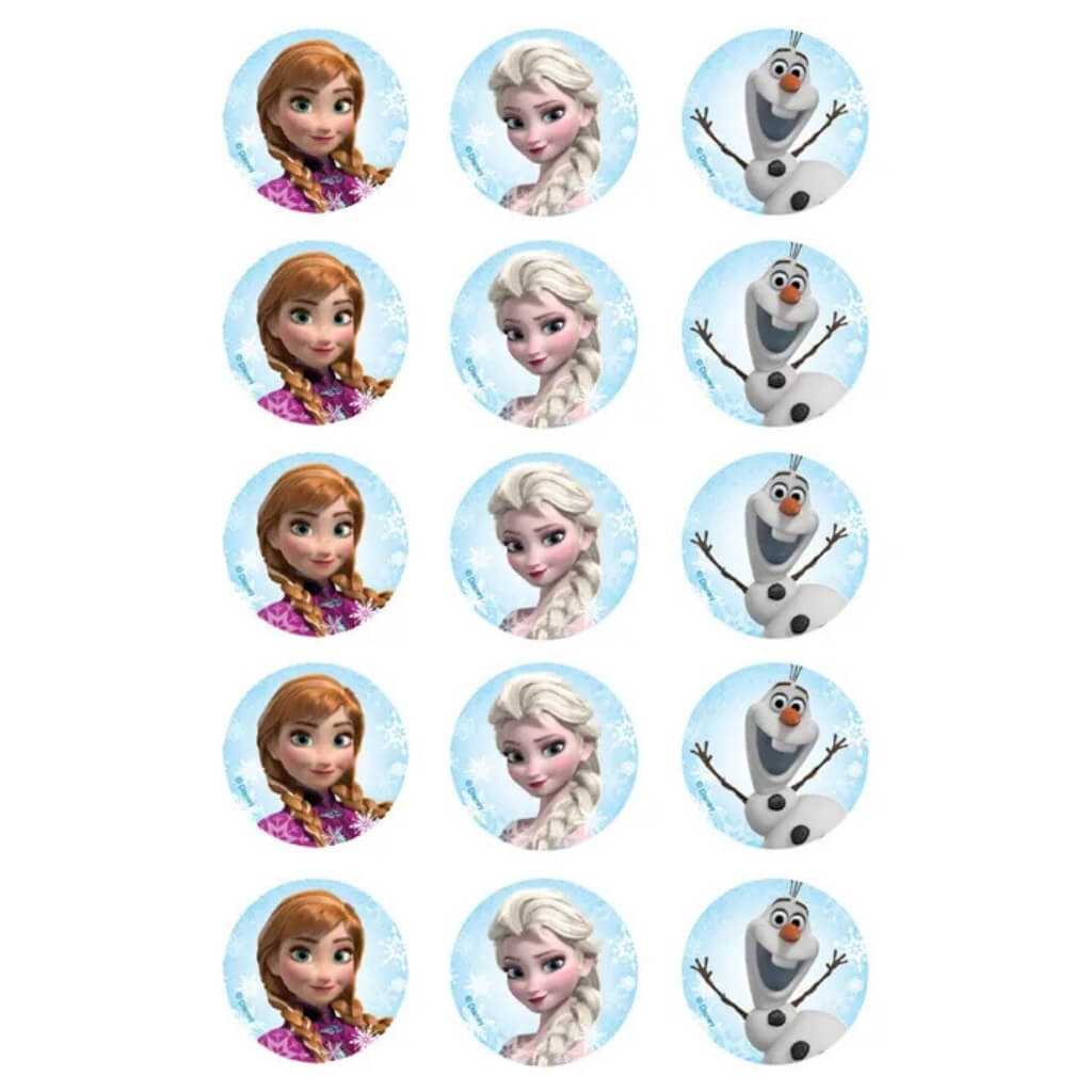 Disney Frozen edible cupcake image sheet with 15 pre-cut Anna, Elsa and Olaf toppers.