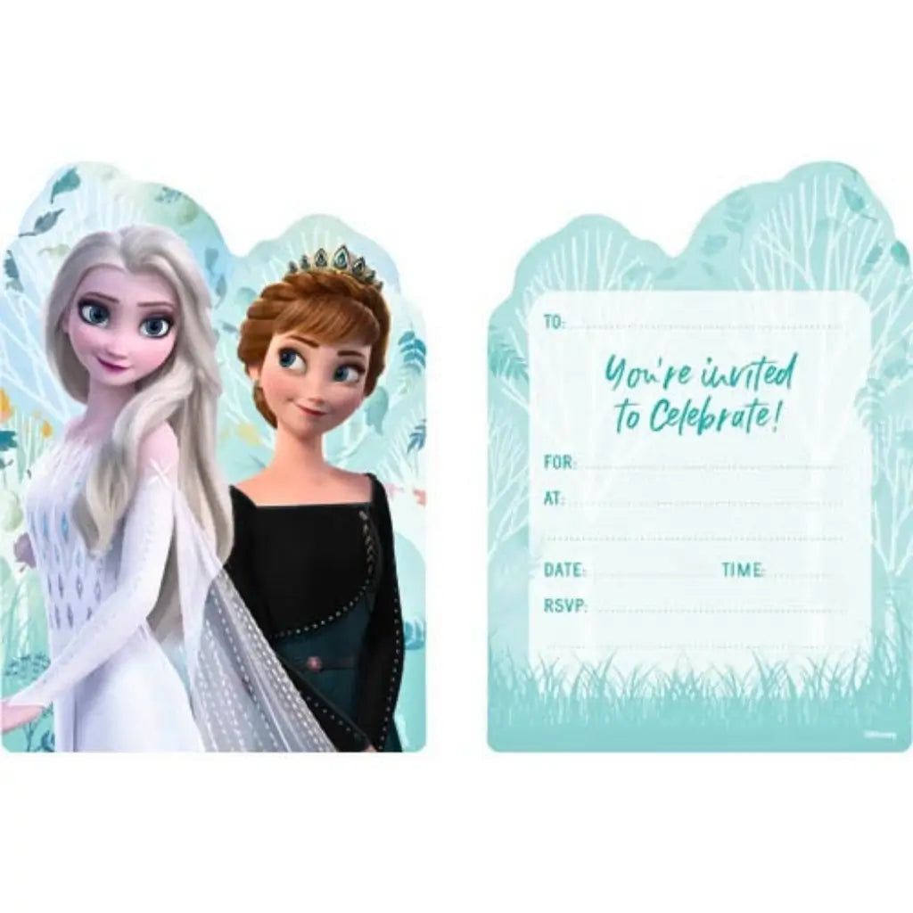Disney Frozen invitations pack featuring Elsa and Anna with matching envelopes for children's birthday parties