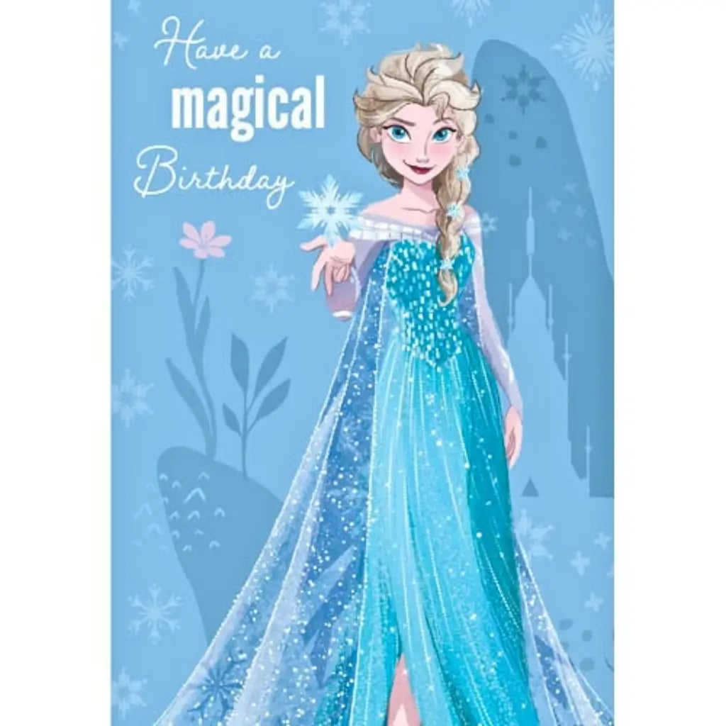 Official Disney Frozen birthday gift card featuring Elsa casting magical snowflakes with Have a Magical Birthday message