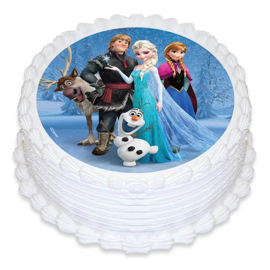 Disney Frozen 16cm round edible cake image featuring Elsa, Anna, Olaf, Kristoff and Sven.