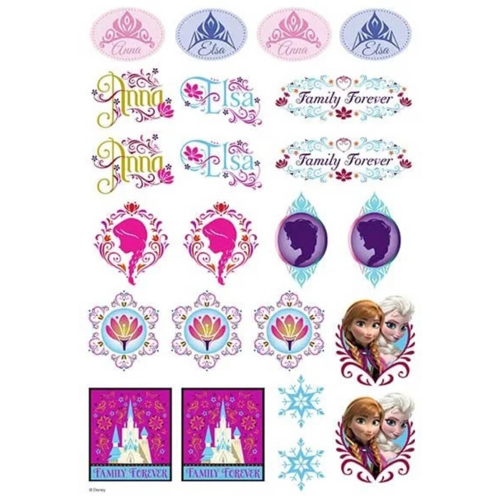 Disney Frozen A4 edible icons sheet featuring Elsa, Anna and Frozen-themed decorations.