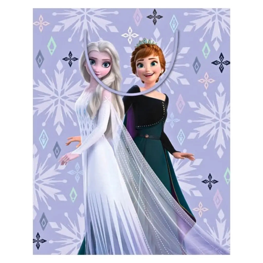 Official Disney Frozen large gift bag featuring Elsa and Anna with snowflake background and cord handles