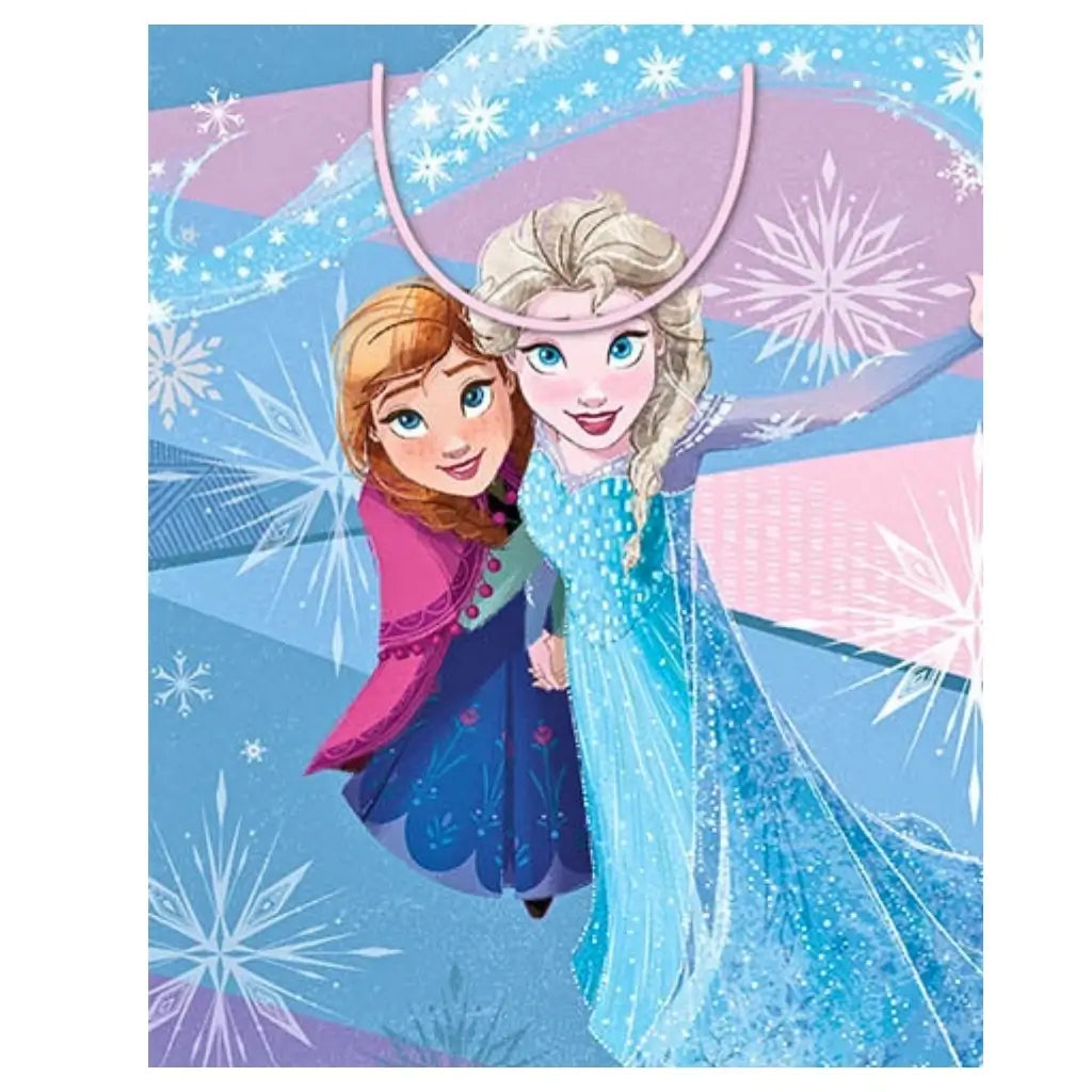 Official Disney Frozen medium gift bag featuring Anna and Elsa with snowflake design and pastel blue background