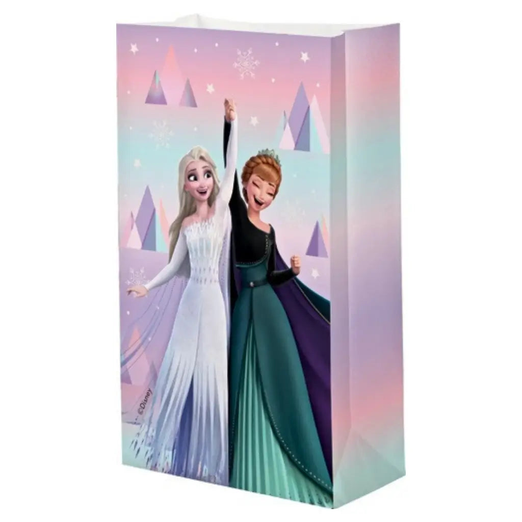 Official Disney Frozen paper party bags 8 pack featuring Elsa and Anna for party favours and loot bags