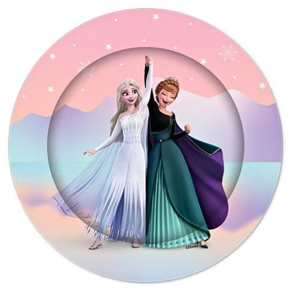 Disney Frozen 23cm paper party plates featuring Elsa and Anna on a pastel background, pack of 8