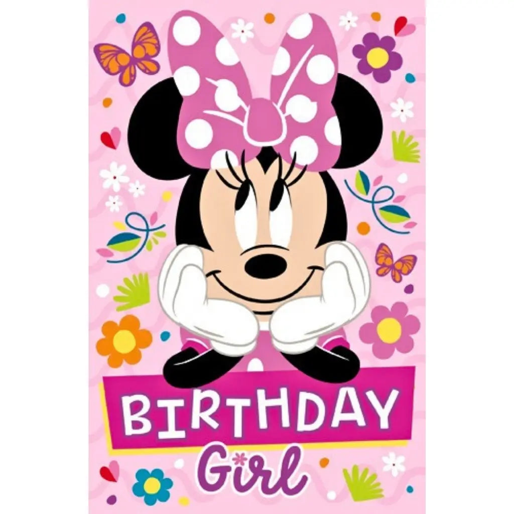 Disney Princess premium birthday girl greeting card featuring Ariel, Belle, Jasmine, Cinderella, Snow White and Moana with colourful rainbow artwork