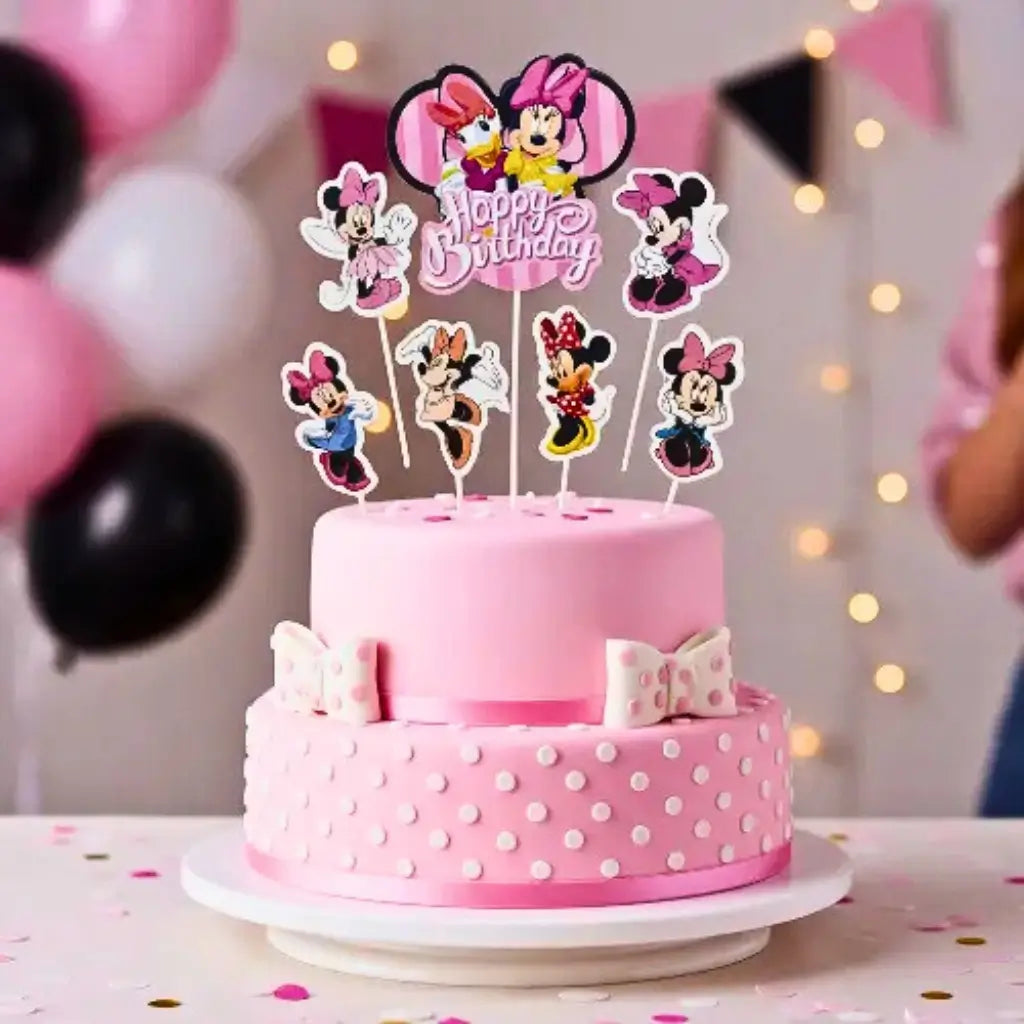 Seven-piece Minnie Mouse cake topper set featuring Happy Birthday, Minnie Mouse and Daisy Duck