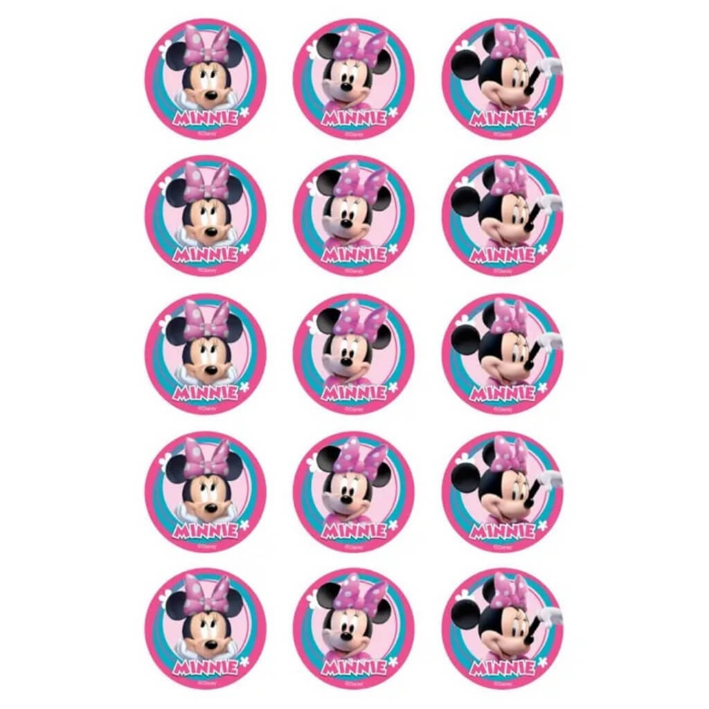 Disney Minnie Mouse edible cupcake toppers with 15 pre-cut 5cm icing images.