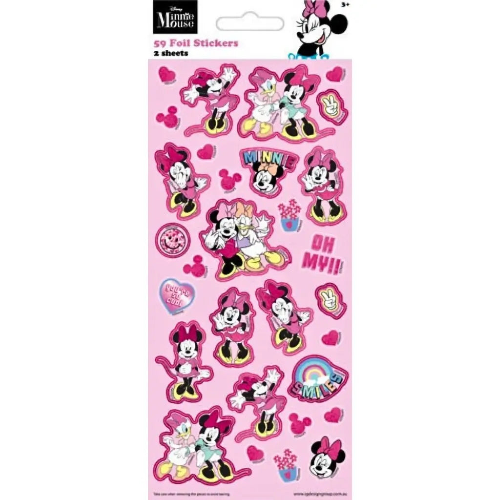 Disney Minnie Mouse foil sticker sheets with 59 shiny stickers featuring Minnie Mouse and Daisy Duck for party bags, crafts and rewards