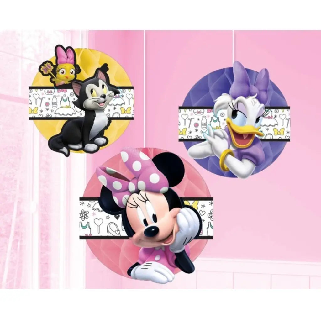 Disney Minnie Mouse Happy Helpers honeycomb hanging decorations featuring Minnie, Daisy and Figaro