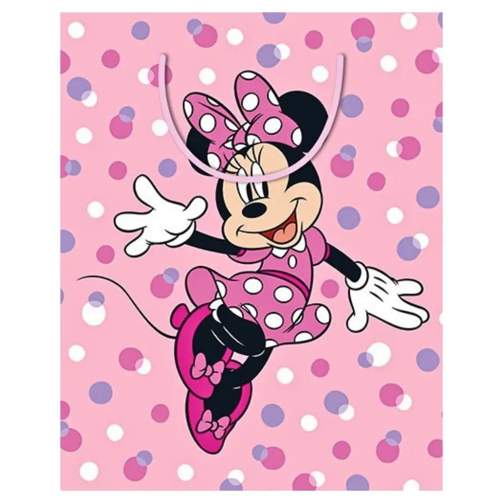 Disney Minnie Mouse large paper gift bag with pink polka dot background, sturdy cord handles and matching gift tag for birthday presents