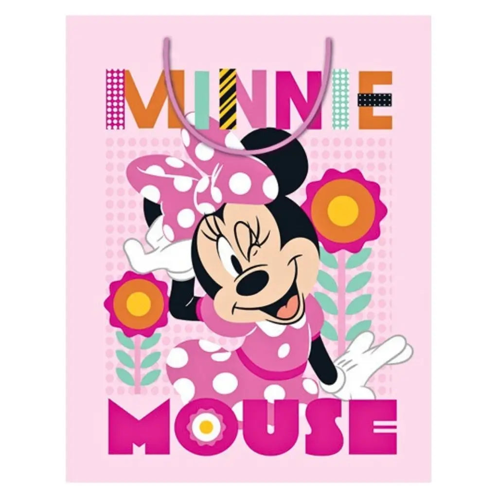 Official Disney Minnie Mouse medium paper gift bag with colourful floral design and pink cord handles for birthday gifts