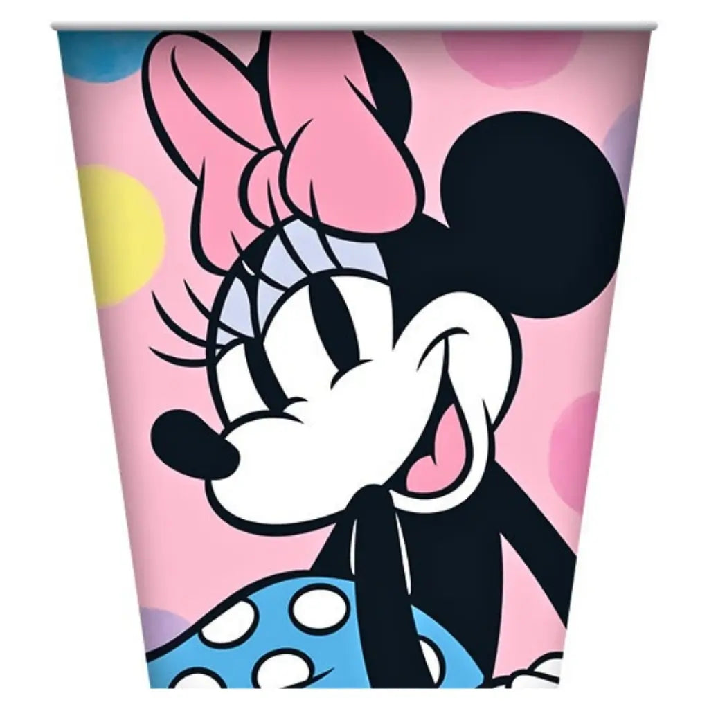 Disney Minnie Mouse 270ml paper party cups featuring Minnie Mouse on a pink polka dot background, pack of 8