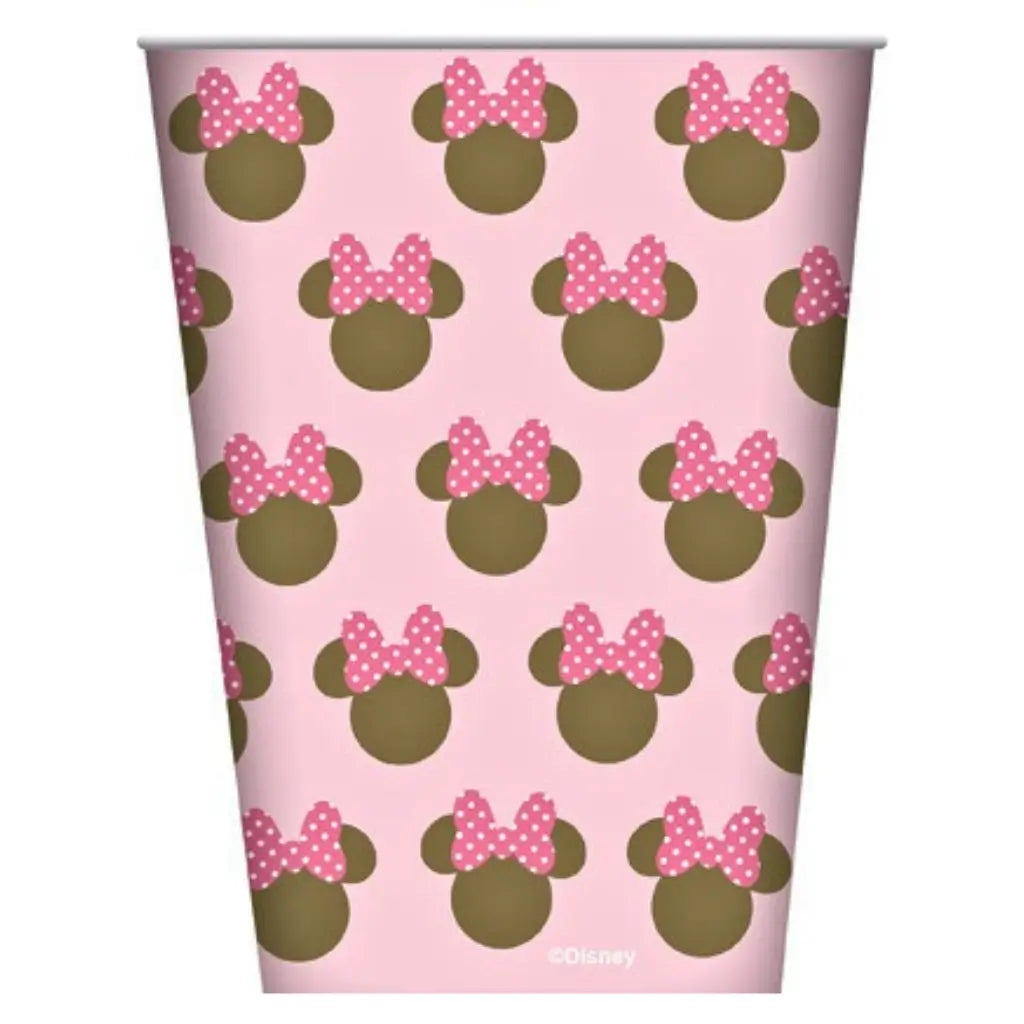 Official Disney Minnie Mouse paper cups 8 pack featuring pink polka dot bows with 266ml capacity for birthday parties