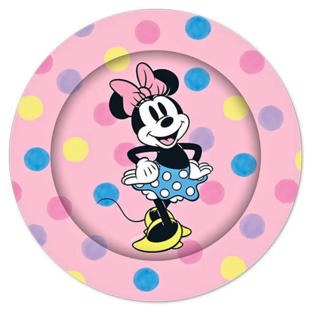 Disney Minnie Mouse 23cm paper party plates featuring Minnie Mouse on a pink polka dot background, pack of 8