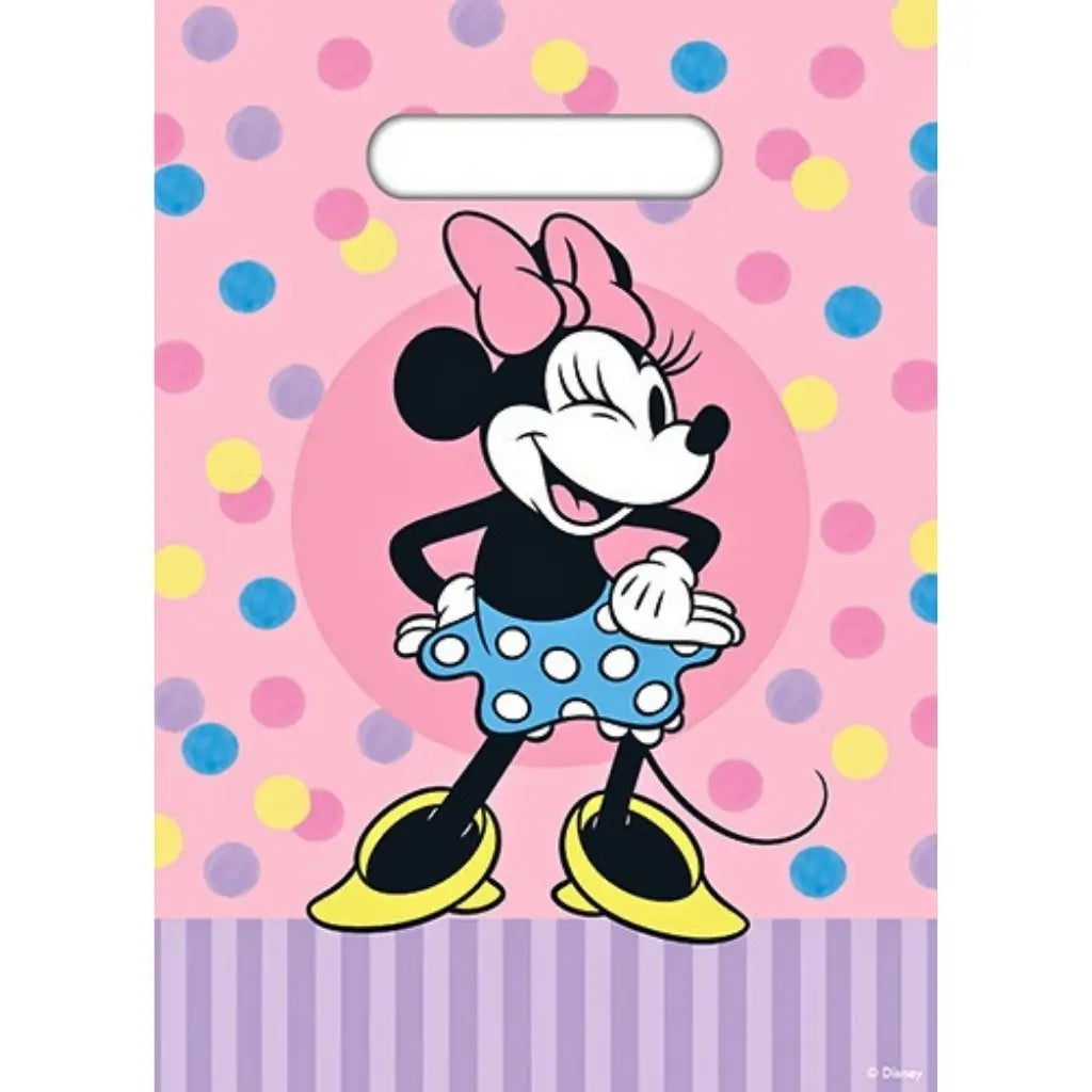 Disney Minnie Mouse plastic party bags pack of 8 with colourful polka dot design and die-cut handles for birthday party favours