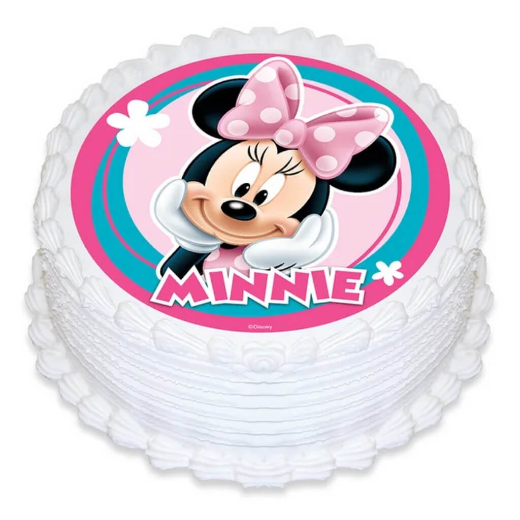 Disney Minnie Mouse round edible cake image featuring Minnie Mouse with her signature pink bow.