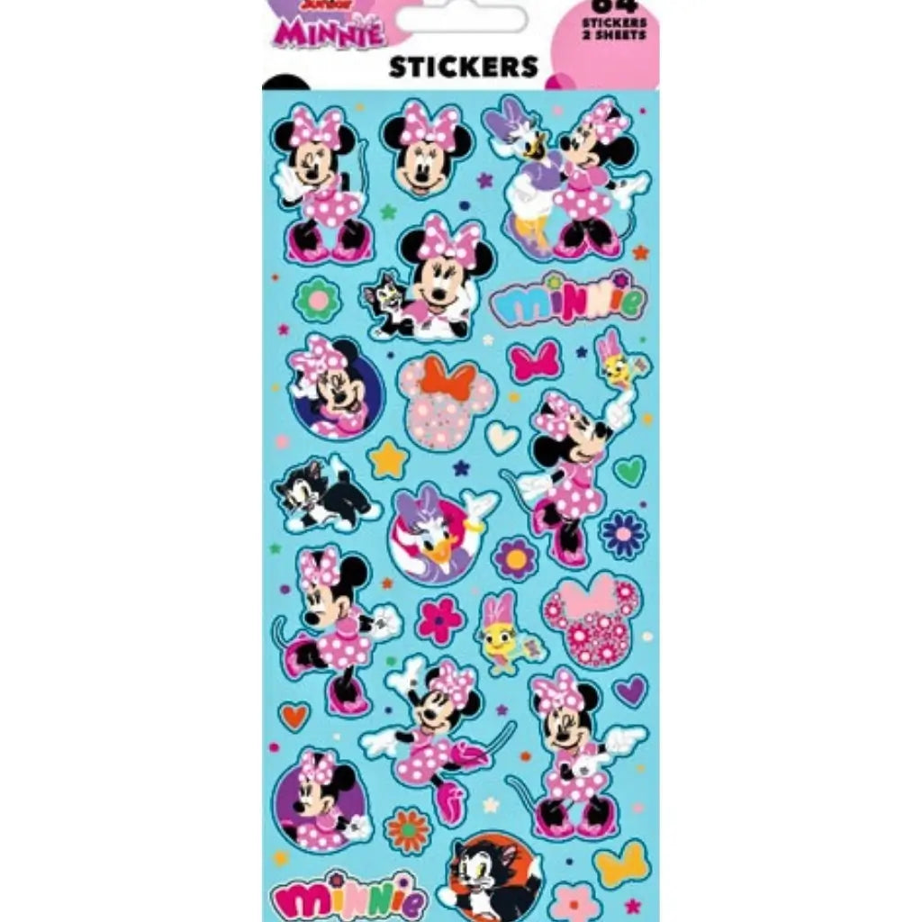 Disney Minnie Mouse sticker sheets with 64 colourful stickers featuring Minnie Mouse, Daisy Duck and Figaro for party bags, crafts and rewards