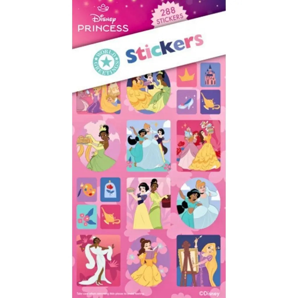 Disney Princess sticker book with 288 colourful stickers featuring Belle, Cinderella, Ariel, Rapunzel, Jasmine, Snow White, Tiana and Moana for party bags and crafts