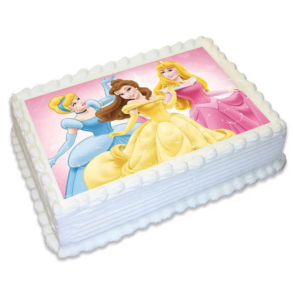 Disney Princess A4 edible icing image featuring Cinderella, Belle and Aurora.