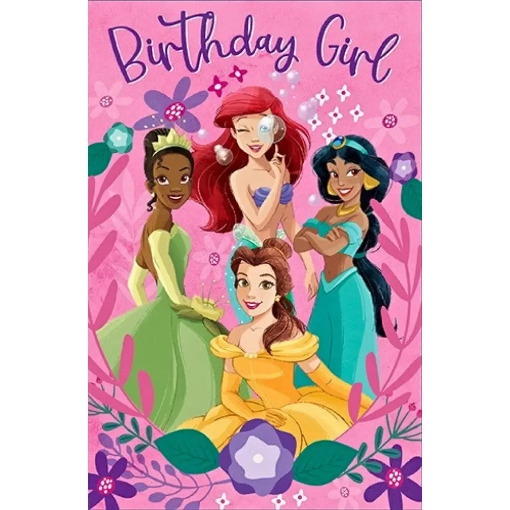Disney Princess Birthday Girl greeting card featuring Ariel, Belle, Jasmine and Tiana on a pink floral background with matching envelope