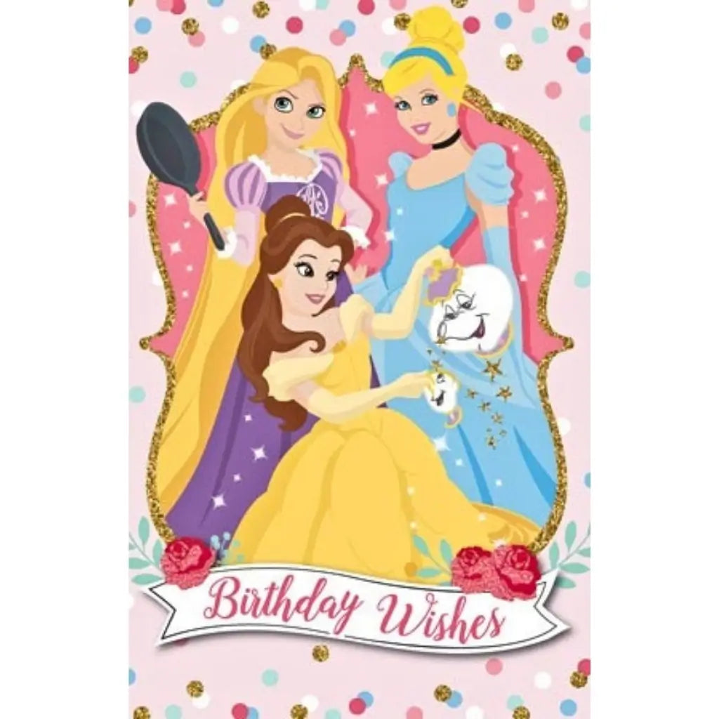 Official Disney Princess Birthday Wishes gift card featuring Belle, Rapunzel and Cinderella with elegant birthday artwork