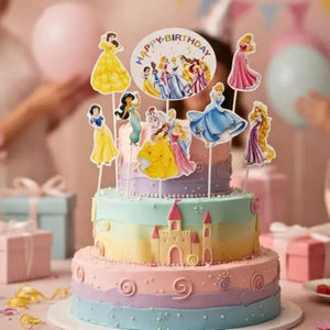 Disney Princess 8-piece cake topper set featuring Cinderella, Ariel, Belle, Rapunzel, Snow White, Jasmine, Aurora and a Happy Birthday topper for princess birthday cakes.