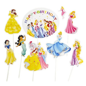 Disney Princess 8-piece cake topper set featuring Cinderella, Ariel, Belle, Rapunzel, Snow White, Jasmine, Aurora and a Happy Birthday topper for princess birthday cakes.