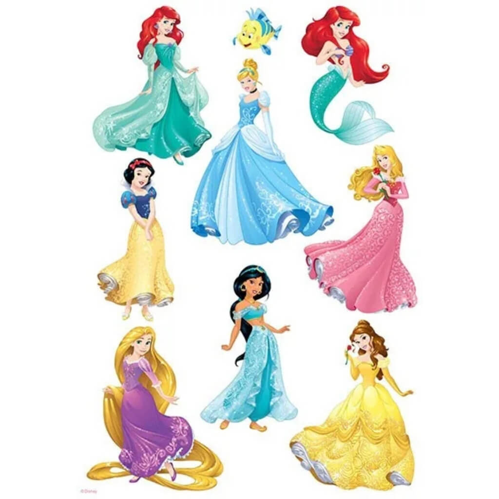 A4 Disney Princess edible icing sheet featuring Cinderella, Ariel, Belle, Rapunzel, Snow White, Jasmine and Aurora with individually cuttable princess cake decorations for birthday cakes.