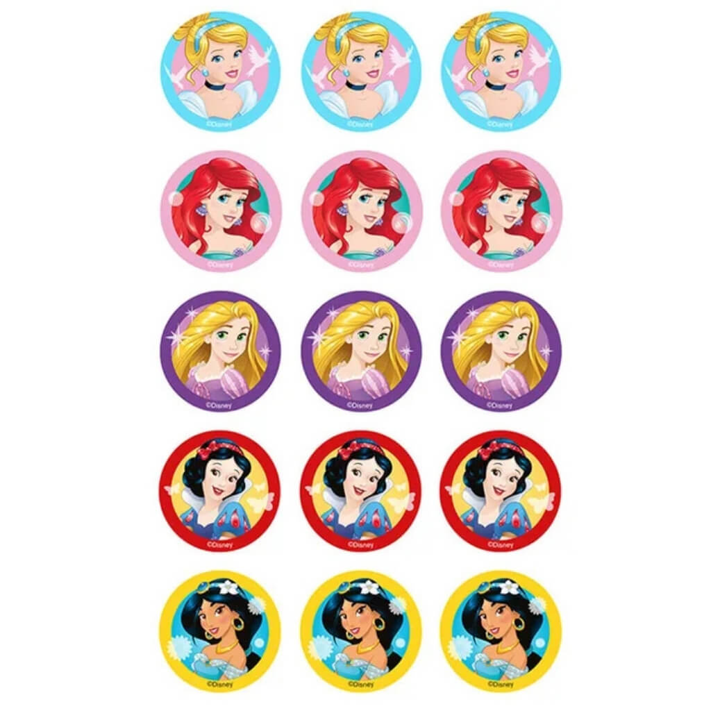 Disney Princess edible cupcake toppers featuring Cinderella, Ariel, Rapunzel, Snow White and Jasmine on a 5cm pre-cut edible image sheet with 15 cupcake decorations for princess birthday parties.