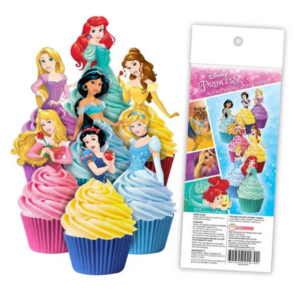 Disney Princess edible wafer cupcake toppers featuring Cinderella, Ariel, Belle, Rapunzel, Snow White, Aurora and Jasmine for decorating princess-themed cupcakes, cakes and desserts.