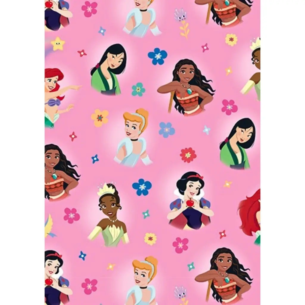 Official Disney Princess floral wrapping paper sheet featuring Snow White, Cinderella, Ariel, Moana, Tiana and Mulan on a pink floral background