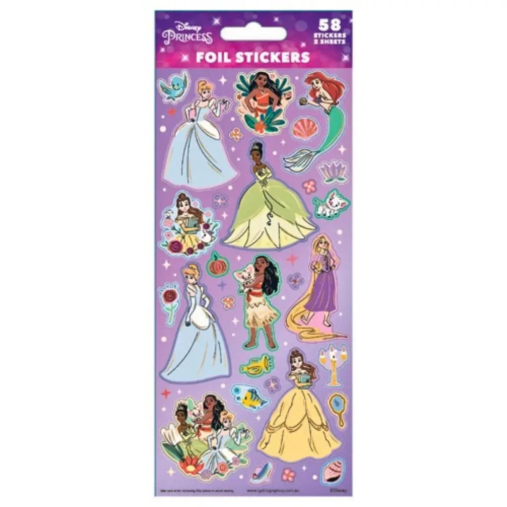 Disney Princess foil sticker sheets with 58 shiny stickers featuring Cinderella, Belle, Rapunzel, Ariel, Moana and Tiana for party bags, crafts and rewards