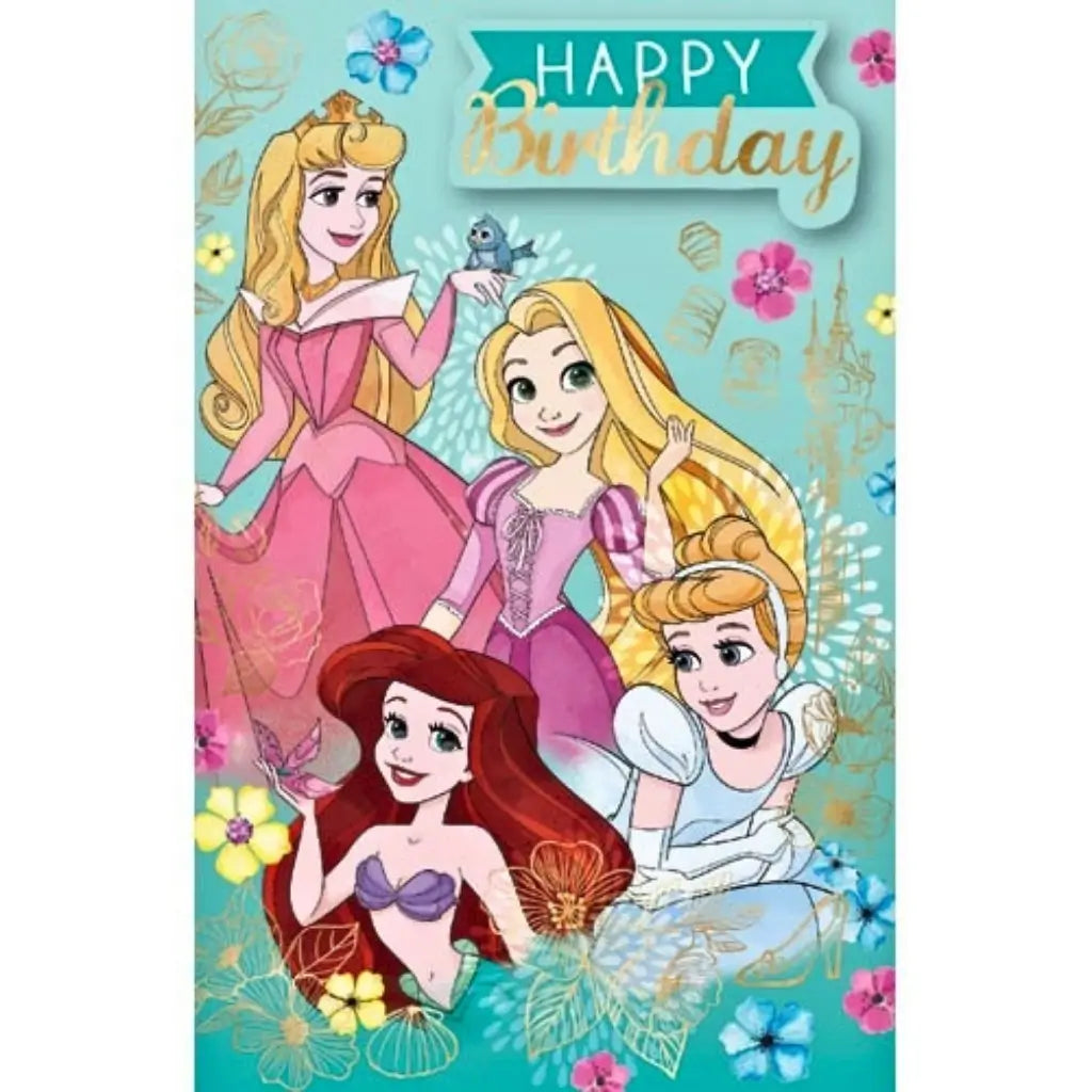 Official Disney Princess Happy Birthday gift card featuring Aurora, Rapunzel, Cinderella and Ariel with colourful floral artwork
