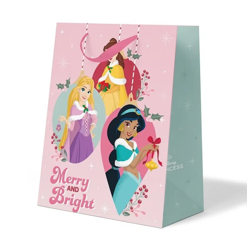 Christmas gift bag featuring Disney Princesses Rapunzel, Belle and Jasmine