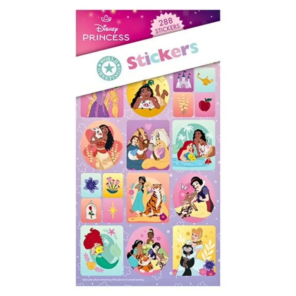 Disney Princess sticker book with 288 stickers featuring Moana, Ariel, Rapunzel, Belle, Snow White, Cinderella, Jasmine and Tiana for party bags and craft activities