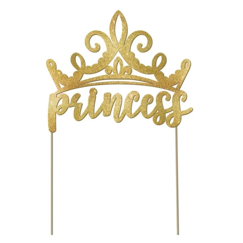 Disney Princess Once Upon A Time glitter Princess cake topper with gold crown.