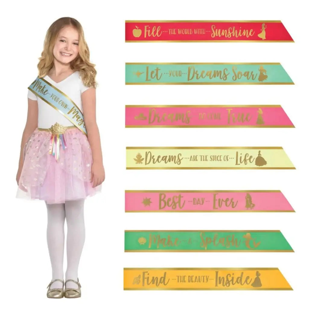 Disney Princess Once Upon A Time DIY party sashes assorted 8 pack measuring 76cm.