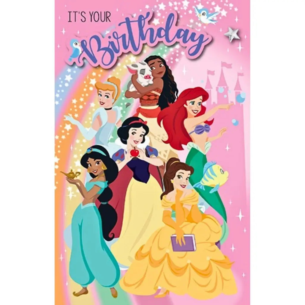 Disney Princess premium birthday girl greeting card featuring Ariel, Belle, Jasmine, Cinderella, Snow White and Moana with colourful rainbow artwork