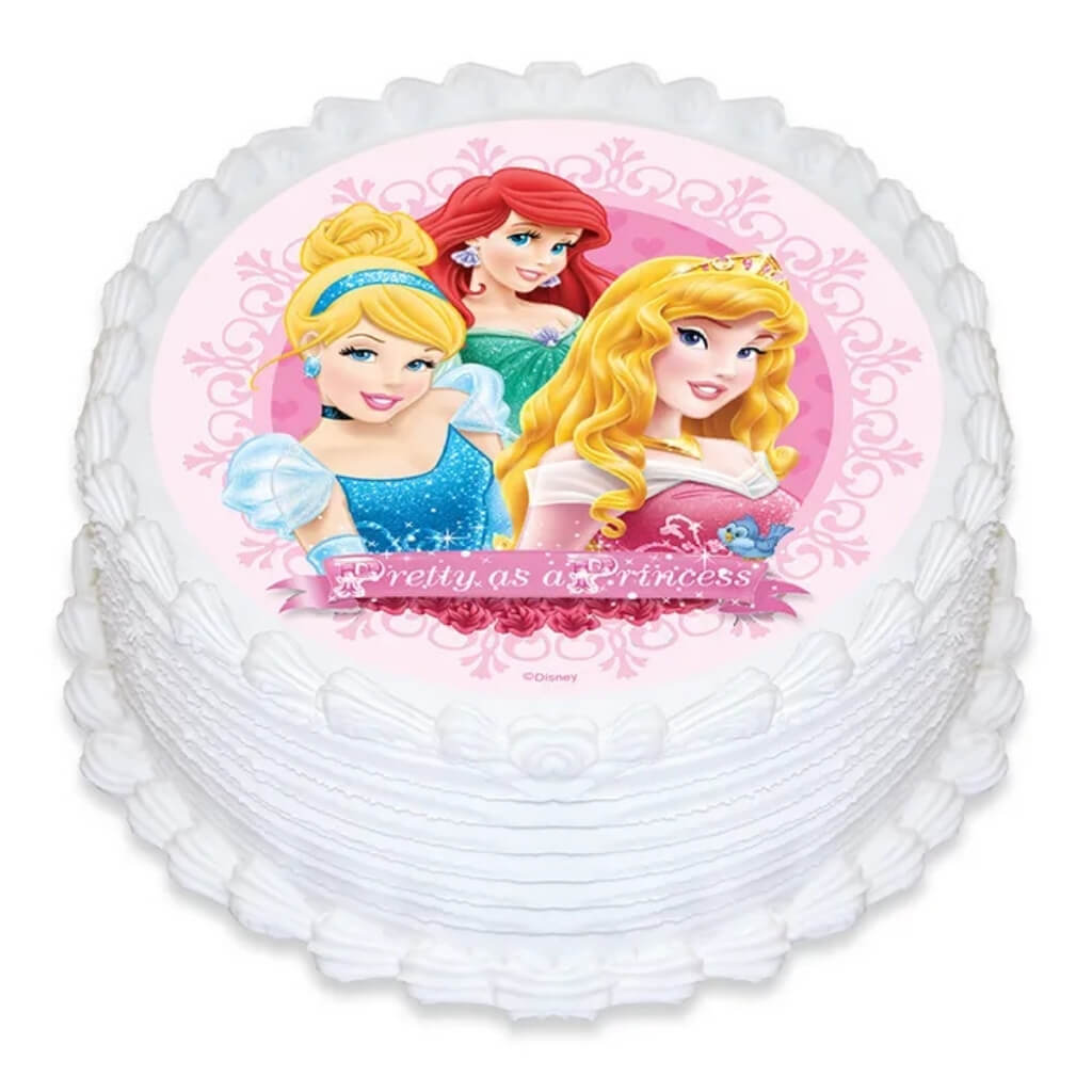 Disney Princess round edible icing cake image featuring Cinderella, Ariel and Aurora on a 16cm edible cake topper for princess birthday cakes and fairytale celebrations.