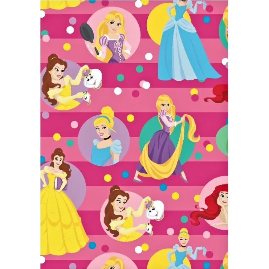 Official Disney Princess wrapping paper sheet featuring Cinderella, Belle, Rapunzel and Ariel on a pink striped background