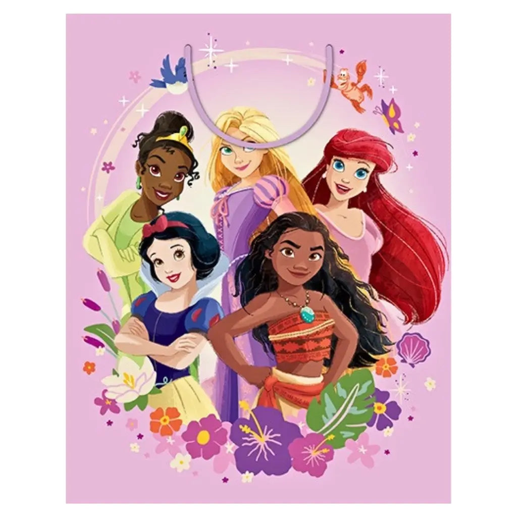 Official Disney Princesses large gift bag featuring Snow White, Tiana, Rapunzel, Ariel and Moana with floral artwork and cord handles