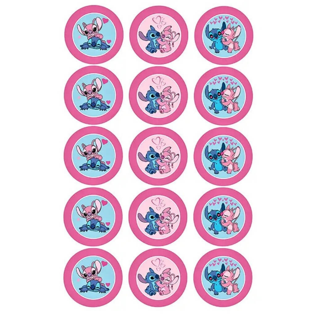 Disney Stitch & Angel edible cupcake toppers with 15 pre-cut 5cm icing images.