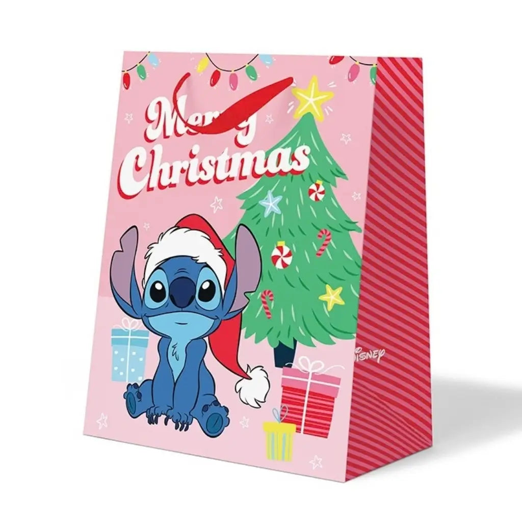 Medium Disney Stitch Christmas gift bag with pink festive artwork