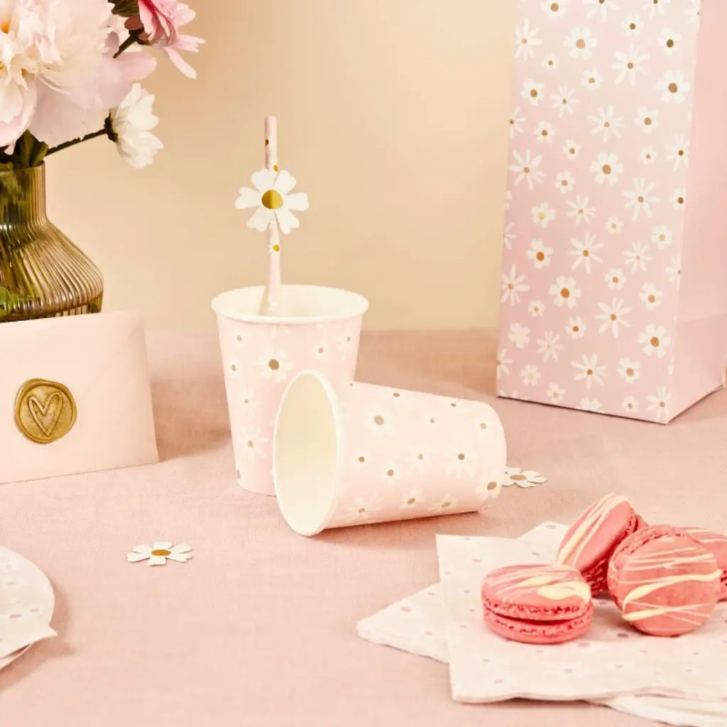 250ml daisy paper cups with pink background for garden or birthday party