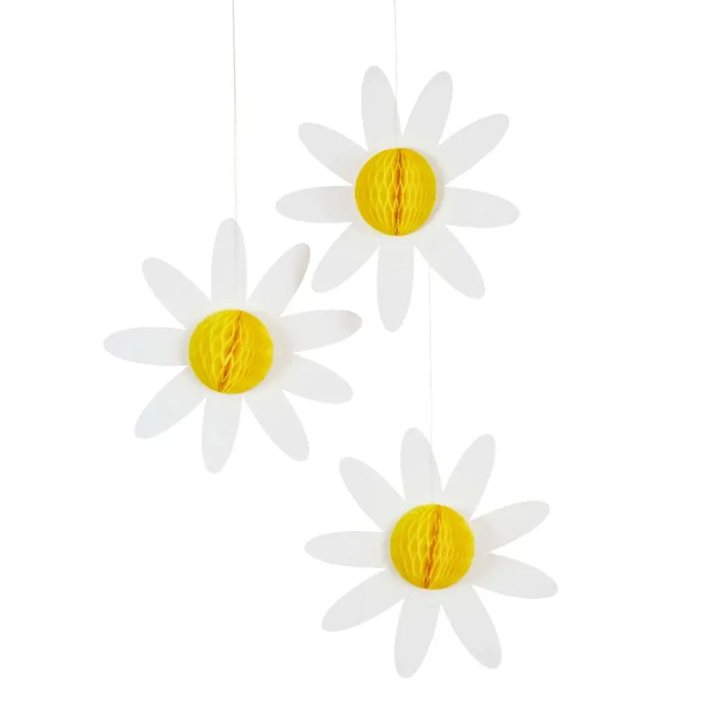 White daisy paper honeycombs with yellow centre for floral party decor