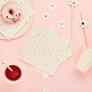 Pack of 16 pink paper napkins with white and yellow daisy floral design