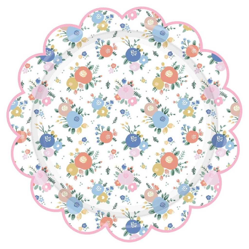 Pack of 8 Ditsy Round Scalloped Floral Dinner Plates 23cm