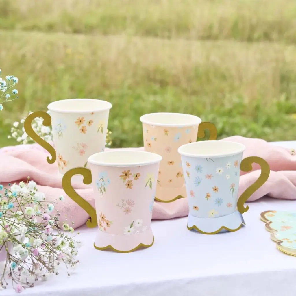 Pack of 8 floral tea party paper cups with gold handles and scalloped base