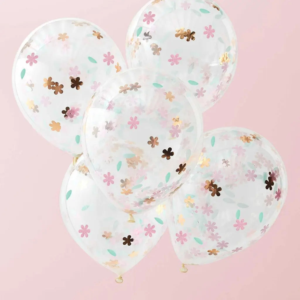 Rose Gold Floral Confetti Balloons 5pk